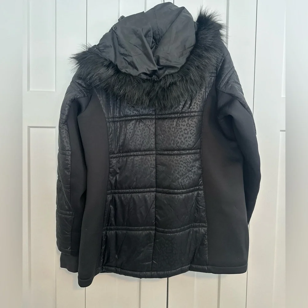 Stunning Michael Kors Black Leopard Print Puffer Jacket with‎ Removable Hood 1X